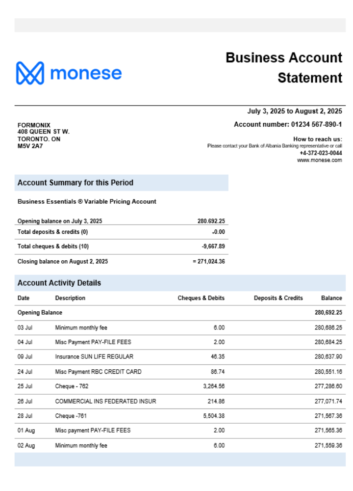 Relevé bancaire professionnel de la banque Monese au format Word et PDF